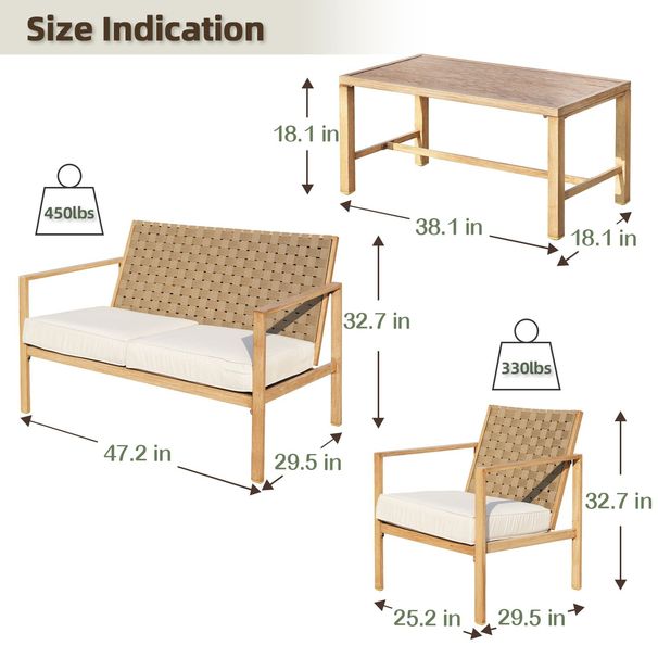4 Pieces Metal Patio Furniture Set, Hand-Made Drawstring Outdoor Patio Conversation Sets Outside Loveseat With Soft Cushion For Garden, Backyard, Porch, Poolside_maomaolike.com