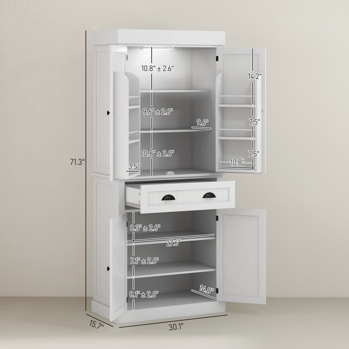 71" Kitchen Pantry Cabinet With LED Lights, 6 Door Shelves, A Drawer And 4 Adjustable Shelves, White_maomaolike.com