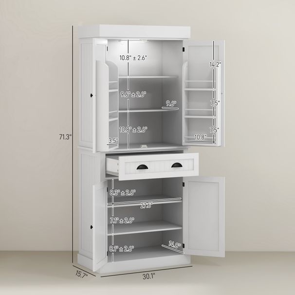 71" Kitchen Pantry Cabinet With LED Lights, 6 Door Shelves, A Drawer And 4 Adjustable Shelves, White_maomaolike.com
