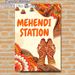 Mehendi Station Painting Poster, Vibrant Ethnic Indian Style Poster, Features Intricate Henna Hands, Festive Lanterns & Traditional Motifs, Brings_maomaolike.com