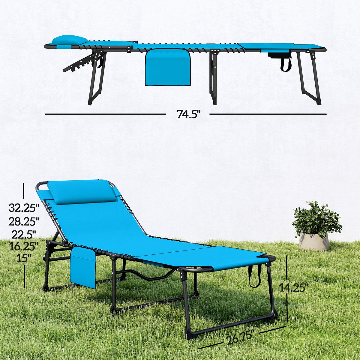 2 Piece Folding Chaise Lounge Pool Chairs With 5-level Reclining Back, Reading Hole, Side Pocket, Blue_maomaolike.com