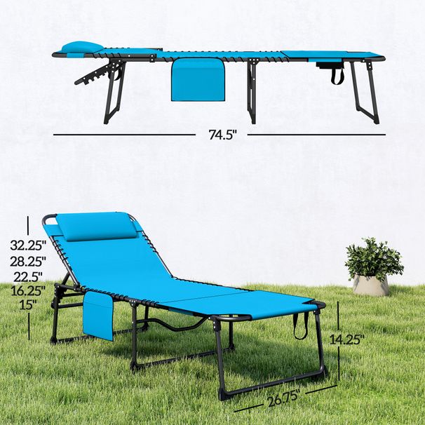 2 Piece Folding Chaise Lounge Pool Chairs With 5-level Reclining Back, Reading Hole, Side Pocket, Blue_maomaolike.com