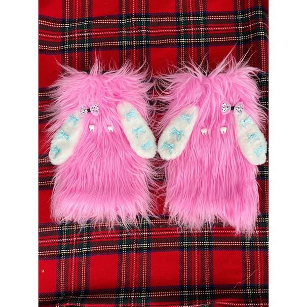 Blue curly hair long ear bow snow monster subculture y2k long hair two color leg sets pile pile socks_maomaolike.com