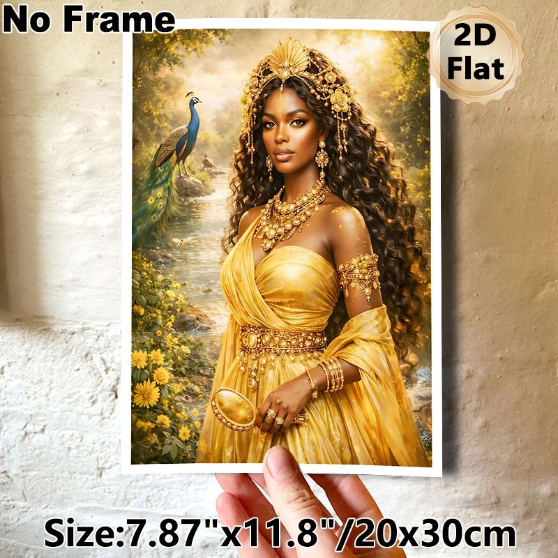 Golden Royal African Goddess Painting Poster, Lush Enchanted Forest Style Poster, Exquisite Detailed Artwork Of Elegant Goddess In Golden Attire With_maomaolike.com