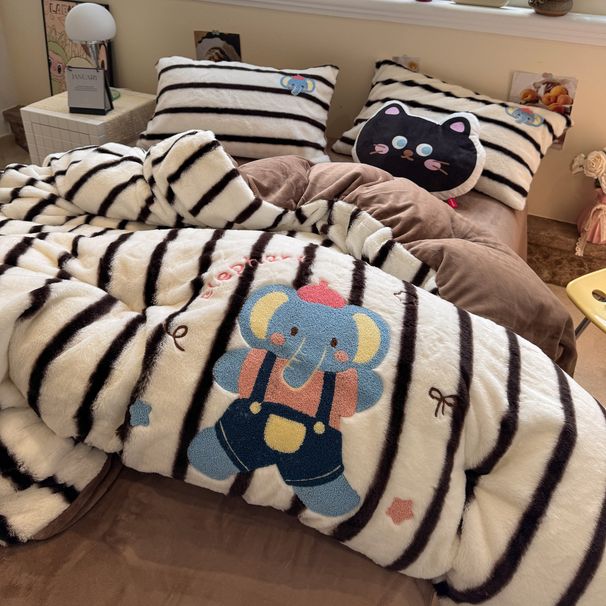 Wholesale Korean Style Cute Cartoon Towel Embroidered Milk Four-Piece Autumn Winter Double-Sided Rabbit Velvet Warm 4-Piece Set_maomaolike.com