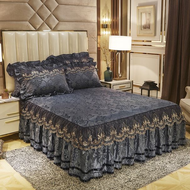 European Velvet Skirt Single Piece Warm Lace Cover Three-Piece Winter 1.8m Solid Color Bed Set Bedding_maomaolike.com