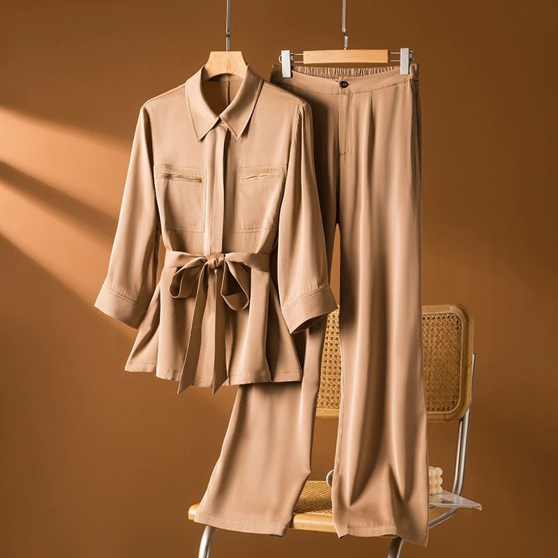 Women's Clothing silk suit women's new style casual fashion mulberry silk top pants two piece suit khaki_maomaolike.com