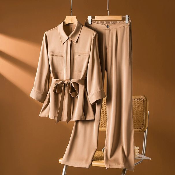 Women's Clothing silk suit women's new style casual fashion mulberry silk top pants two piece suit khaki_maomaolike.com