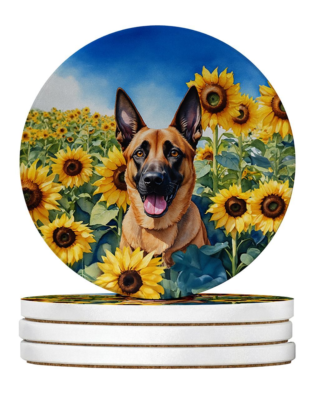 Belgian Malinois In Sunflowers Large Sandstone Coasters Pack Of 4 Absorbent Round Coasters Decor Gifts For Men Or Women, 4 In, Multicolor_maomaolike.com