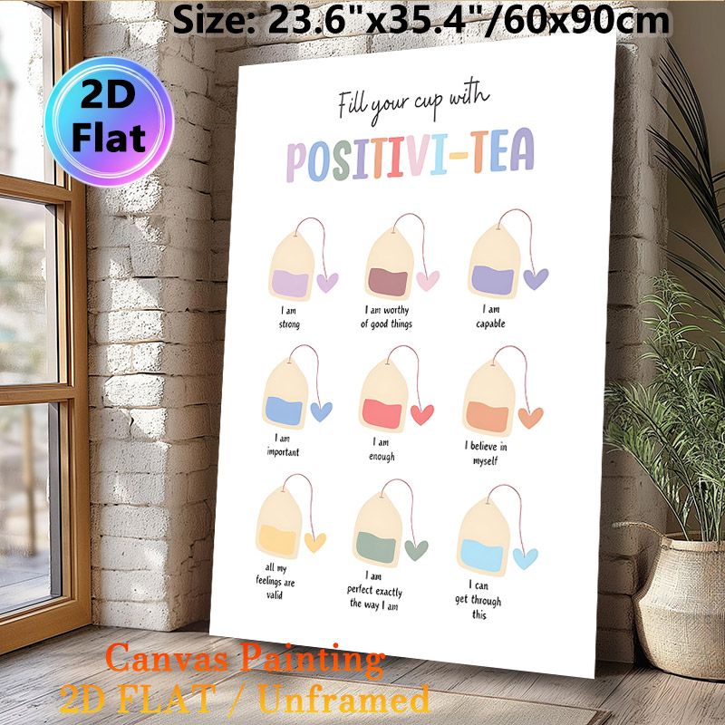 Positivi-Tea Positive Affirmation Painting Poster, Pastel Whimsical Tea Bag Graphic Poster, Features Uplifting Self-affirming Messages, Suitable For_maomaolike.com