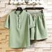 Men's Clothing two-piece suit stand-up collar retro short-sleeved suit casual solid color cotton and linen two-piece suit_maomaolike.com