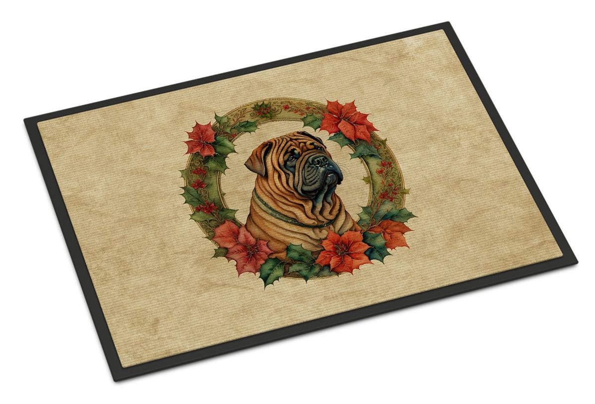 Shar Pei Christmas Flowers Doormat Front Door Mat Indoor Outdoor Rugs For Entryway, Non Slip Washable Low Pile, 24H X 36W_maomaolike.com