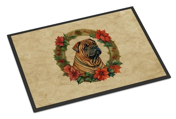 Shar Pei Christmas Flowers Doormat Front Door Mat Indoor Outdoor Rugs For Entryway, Non Slip Washable Low Pile, 24H X 36W_maomaolike.com