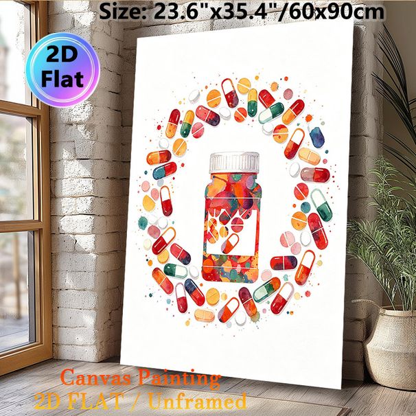 Pharmacy & Pill Themed Painting Poster, Vibrant Watercolor Style Poster, Artistic Colorful Pills And Medicine Bottle Design, Ideal Wall Decor For_maomaolike.com