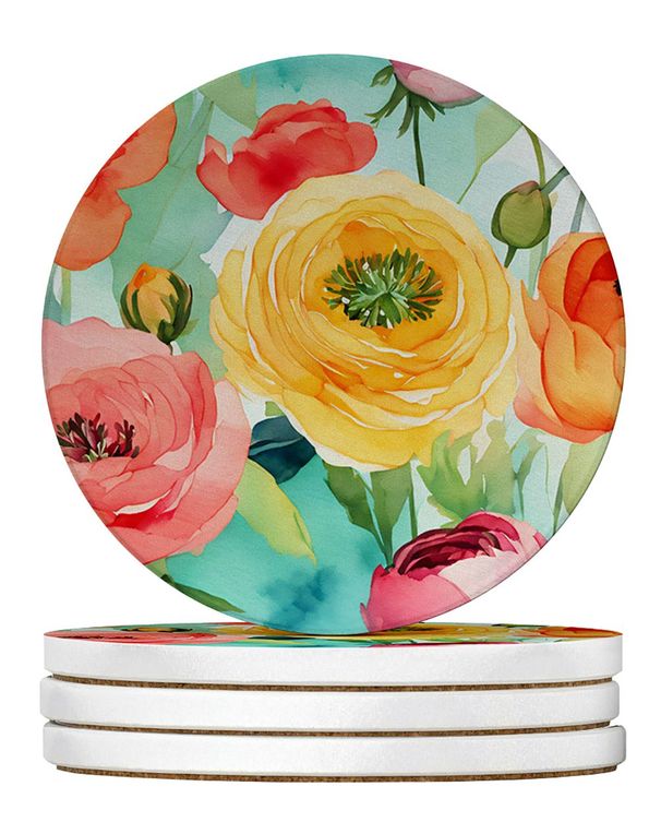 Ranunculus In Watercolor Large Sandstone Coasters Pack Of 4 Absorbent Round Coasters Decor Gifts For Men Or Women, 4 In, Multicolor_maomaolike.com
