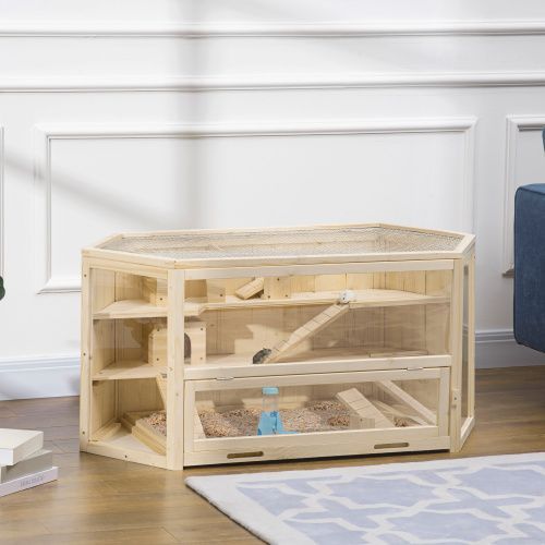 PawHut Wooden Large Hamster Cage Small Animal Exercise Play House 3 Tier With Tray, Seesaws, Water Bottle, Activity Center, Natural_maomaolike.com