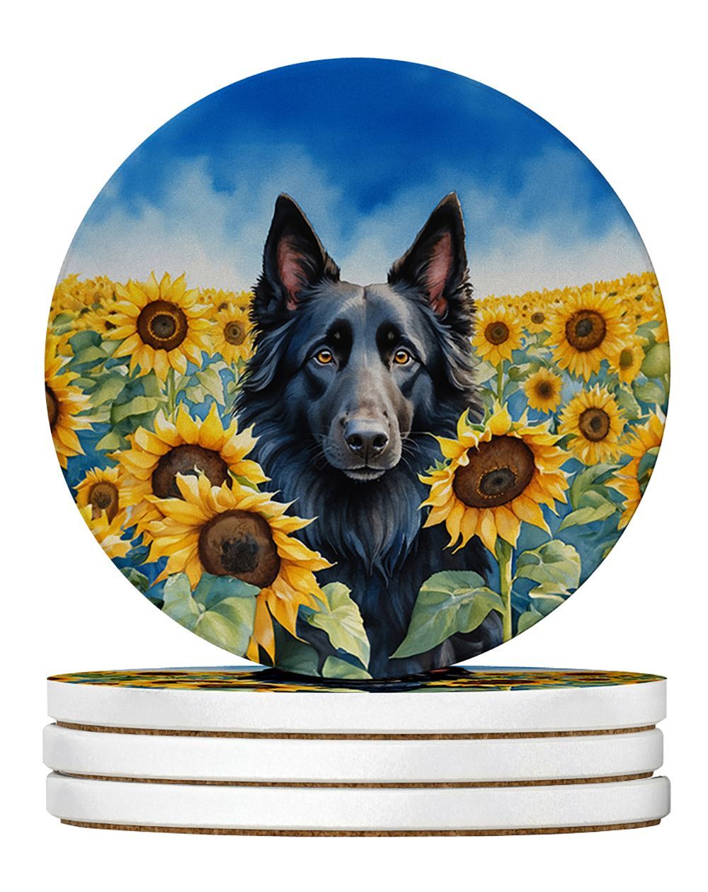 Belgian Sheepdog In Sunflowers Large Sandstone Coasters Pack Of 4 Absorbent Round Coasters Decor Gifts For Men Or Women, 4 In, Multicolor_maomaolike.com