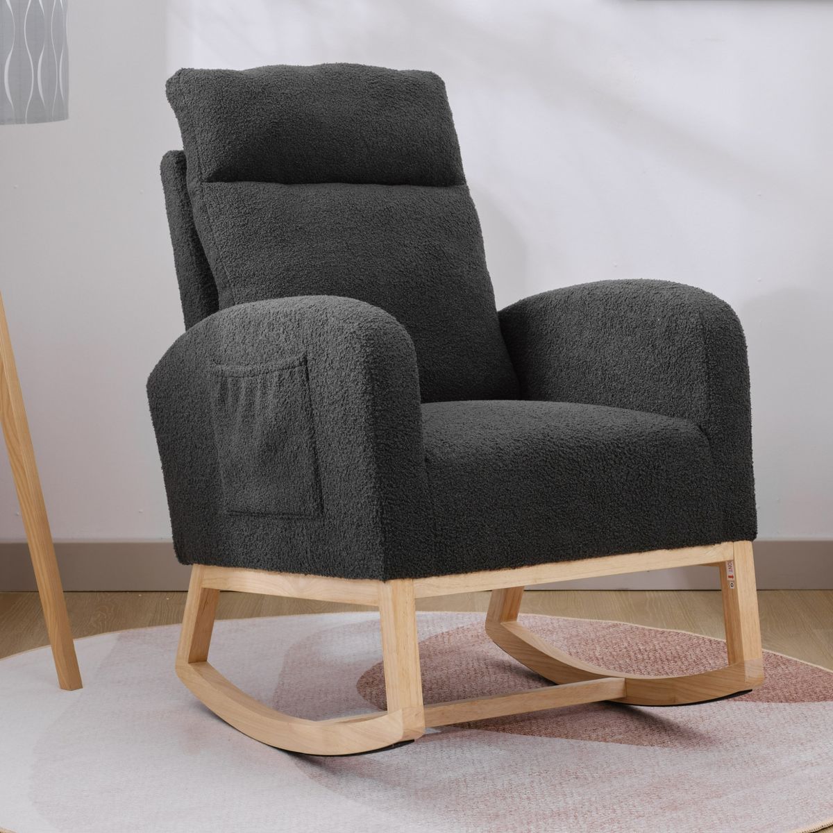 Modern Accent Rocking Chair, With Side Pocket, Upholstered Glider Rocker, Living Room Lounge Chair With High Backrest (Black,teddy)_maomaolike.com