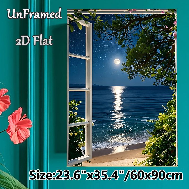 Moonlit Seaside Window View Painting Poster, Serene Realistic Night Ocean Scene Poster, Calming Natural Scenery Ideal For Bedroom, Living Room Wall_maomaolike.com