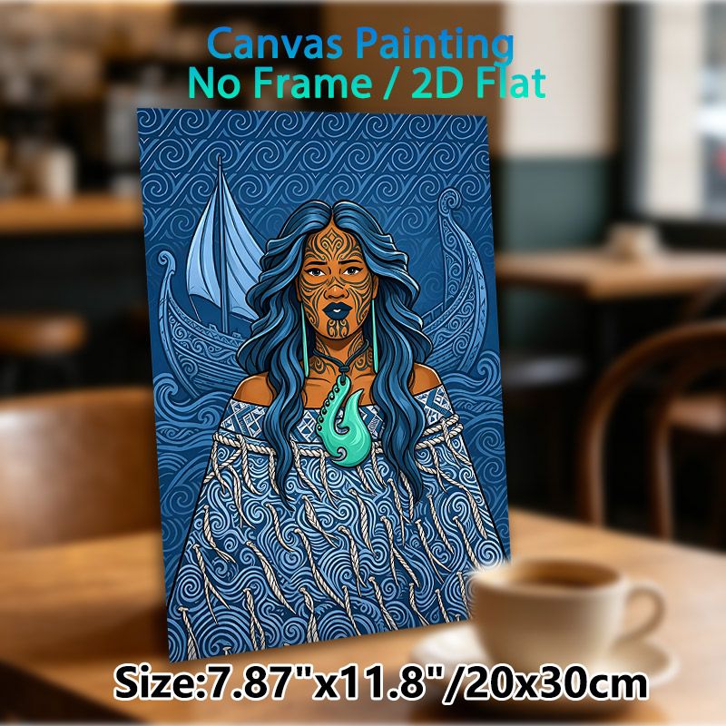Polynesian Themed Painting Poster, Vibrant Ethnic Art Style Poster, Featuring Tattooed Female And Traditional Sailboat, Cultural Wall Decor Suitable_maomaolike.com