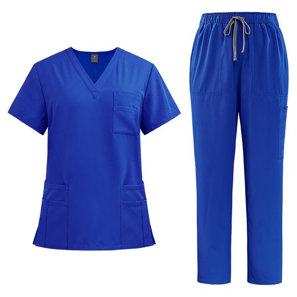 Women's new V-neck split medical overalls, pocket straight pants, men's and women's toiletries_maomaolike.com