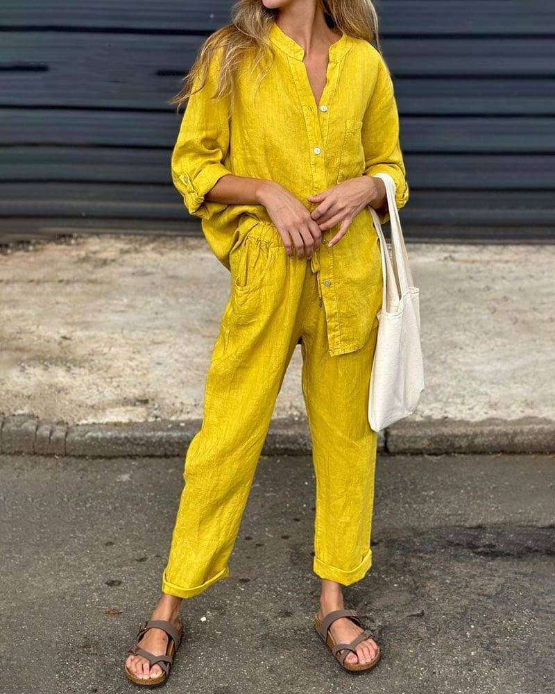 Women's 2-piece Oversized Cotton And Linen Shirt Set, High Waisted Loose Pants Set_maomaolike.com