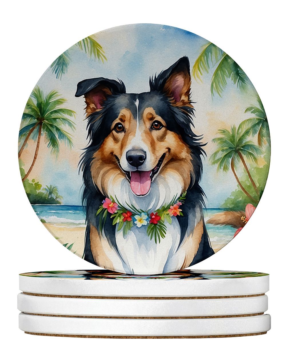 Collie Luau Large Sandstone Coasters Pack Of 4 Absorbent Round Coasters Decor Gifts For Men Or Women, 4 In, Multicolor_maomaolike.com