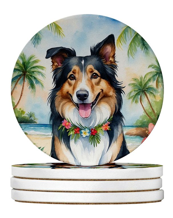 Collie Luau Large Sandstone Coasters Pack Of 4 Absorbent Round Coasters Decor Gifts For Men Or Women, 4 In, Multicolor_maomaolike.com