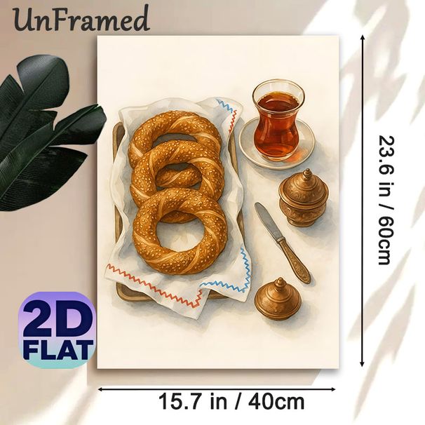 Turkish Breakfast Painting Poster, Watercolor-style Warm Sesame Bagels & Traditional Tea Scene Poster, Cozy Culinary Artwork Ideal For Kitchen, Dining_maomaolike.com