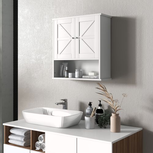 kleankin Farmhouse Bathroom Wall Cabinet, Wall Mounted Medicine Cabinet With Open Shelf & Adjustable Shelf, Storage For Laundry Room, White_maomaolike.com