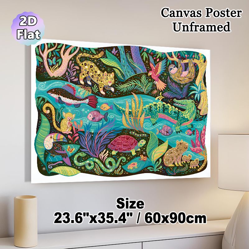 Tropical Rainforest Wildlife Painting Poster, Vibrant Colorful Playful Jungle Animal Scene Poster, Richly Illustrated Decor Piece Suitable For Home_maomaolike.com