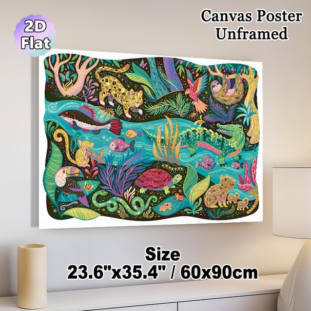 Tropical Rainforest Wildlife Painting Poster, Vibrant Colorful Playful Jungle Animal Scene Poster, Richly Illustrated Decor Piece Suitable For Home_maomaolike.com