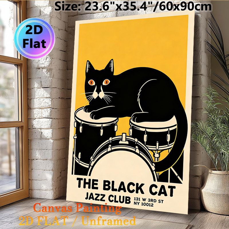 Black Cat Jazz Club Painting Poster, Vintage Graphic Black Cat On Drums Poster, Retro Artistic Decor Ideal For Music Room, Living Room, Jazz Bar_maomaolike.com