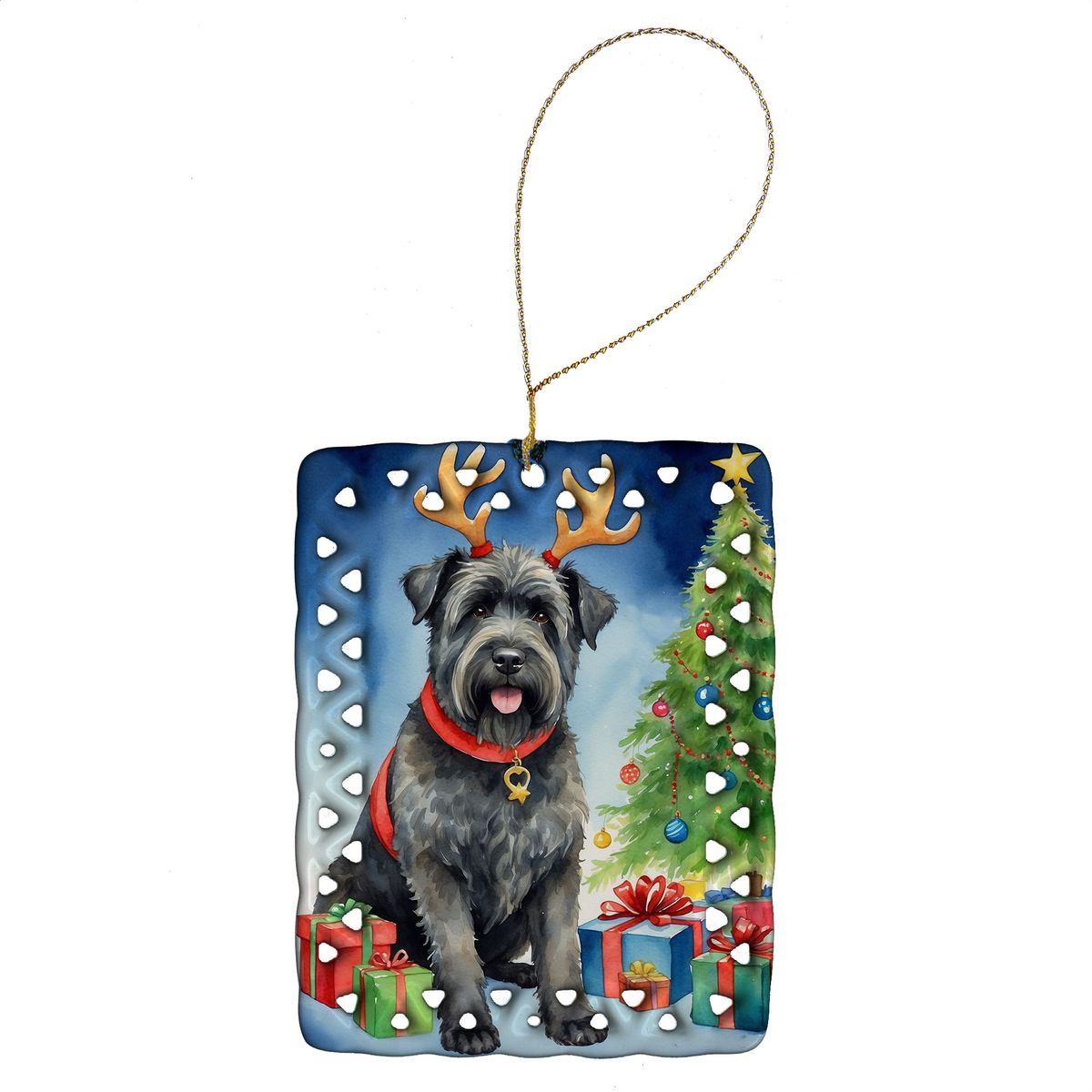 Bouvier Des Flandres Christmas Reindeer Porcelain Ornament Christmas Tree Hanging Decorations For Home Christmas Holiday, Rectangle, Gift, Multicolor_maomaolike.com
