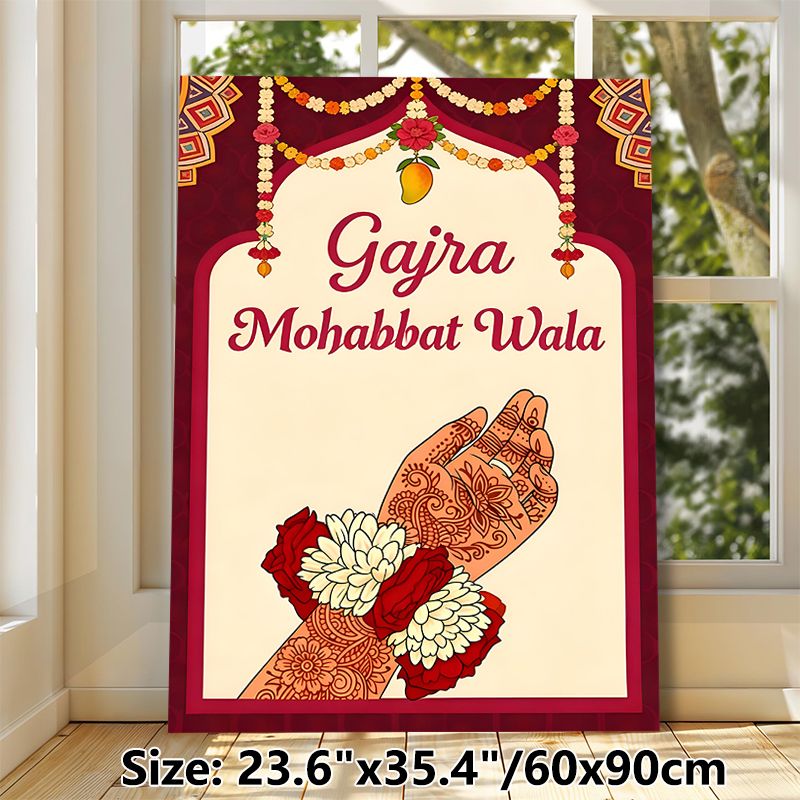 Indian Wedding Henna Themed Painting Poster, Rich Traditional Indian Style Poster, Cultural Festive Design With Henna-decorated Hands, Floral Garlands_maomaolike.com