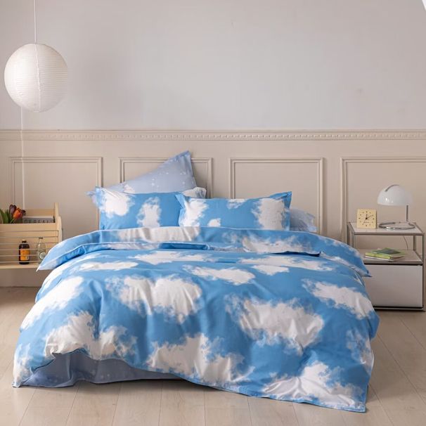 Soft Fiber Printed Blue Sky Three Piece Bedding Set Duvet Quilt Cover_maomaolike.com