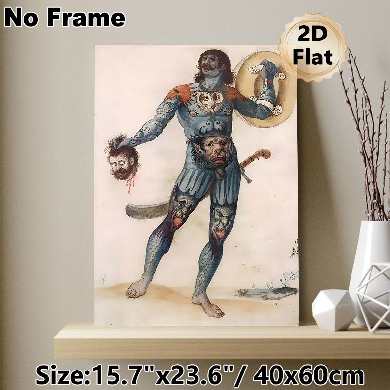 Mythical Warrior Painting Poster, Vintage Detailed Tattooed Warrior Holding Severed Head & Shield Poster, Unique Historical Artwork For Home Study_maomaolike.com