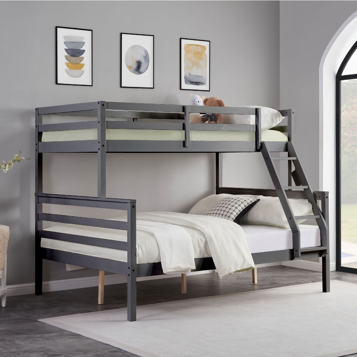 Twin Over Full Bunk Bed With Ladder,Wooden Bunk Bed With High Guardrail And Ladder For Kids, Teens, Dorm Rooms, And Guest Rooms,No Box Spring Needed,Grey_maomaolike.com