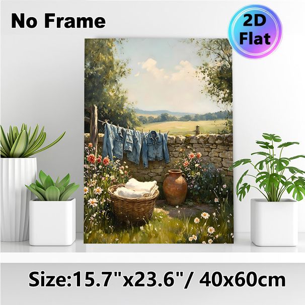 Rustic Countryside Laundry Scene Painting Poster, Warm-toned Impressionist-style Poster, Cozy Pastoral Design With Sunlit Yard, Denim Jackets_maomaolike.com