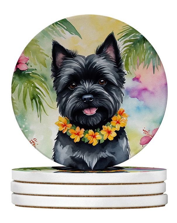 Cairn Terrier Luau Large Sandstone Coasters Pack Of 4 Absorbent Round Coasters Decor Gifts For Men Or Women, 4 In, Multicolor_maomaolike.com