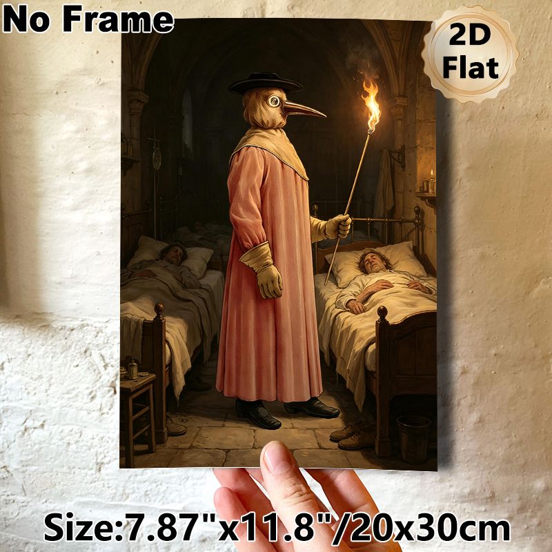 Plague Doctor Painting Poster, Vintage Historical Dark-toned Poster, Authentic Medieval Ward Scene With Plague Doctor Holding Torch, Ideal For_maomaolike.com