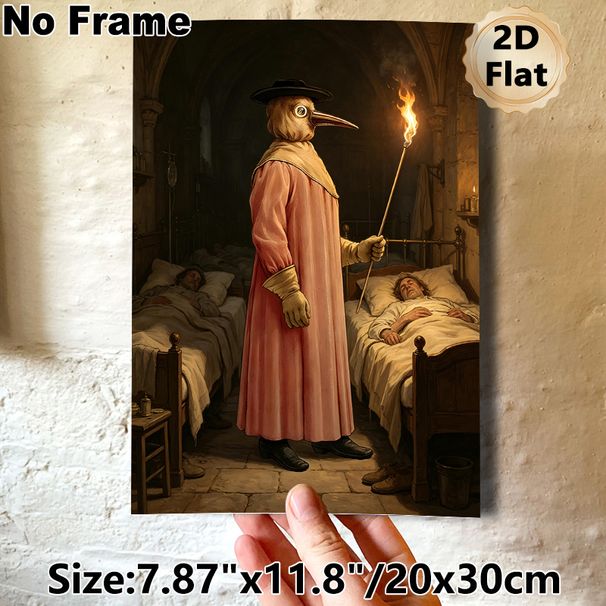 Plague Doctor Painting Poster, Vintage Historical Dark-toned Poster, Authentic Medieval Ward Scene With Plague Doctor Holding Torch, Ideal For_maomaolike.com