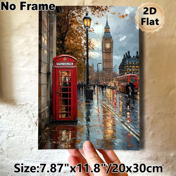 London Street Scene Painting Poster, Vibrant Oil-style Rainy Autumn Cityscape Poster, Captivating Urban View With Iconic Red Phone Booth & Big Ben_maomaolike.com