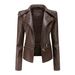 Women's leather jacket Long sleeve PU short jacket with hem removable jacket biker jacket_maomaolike.com
