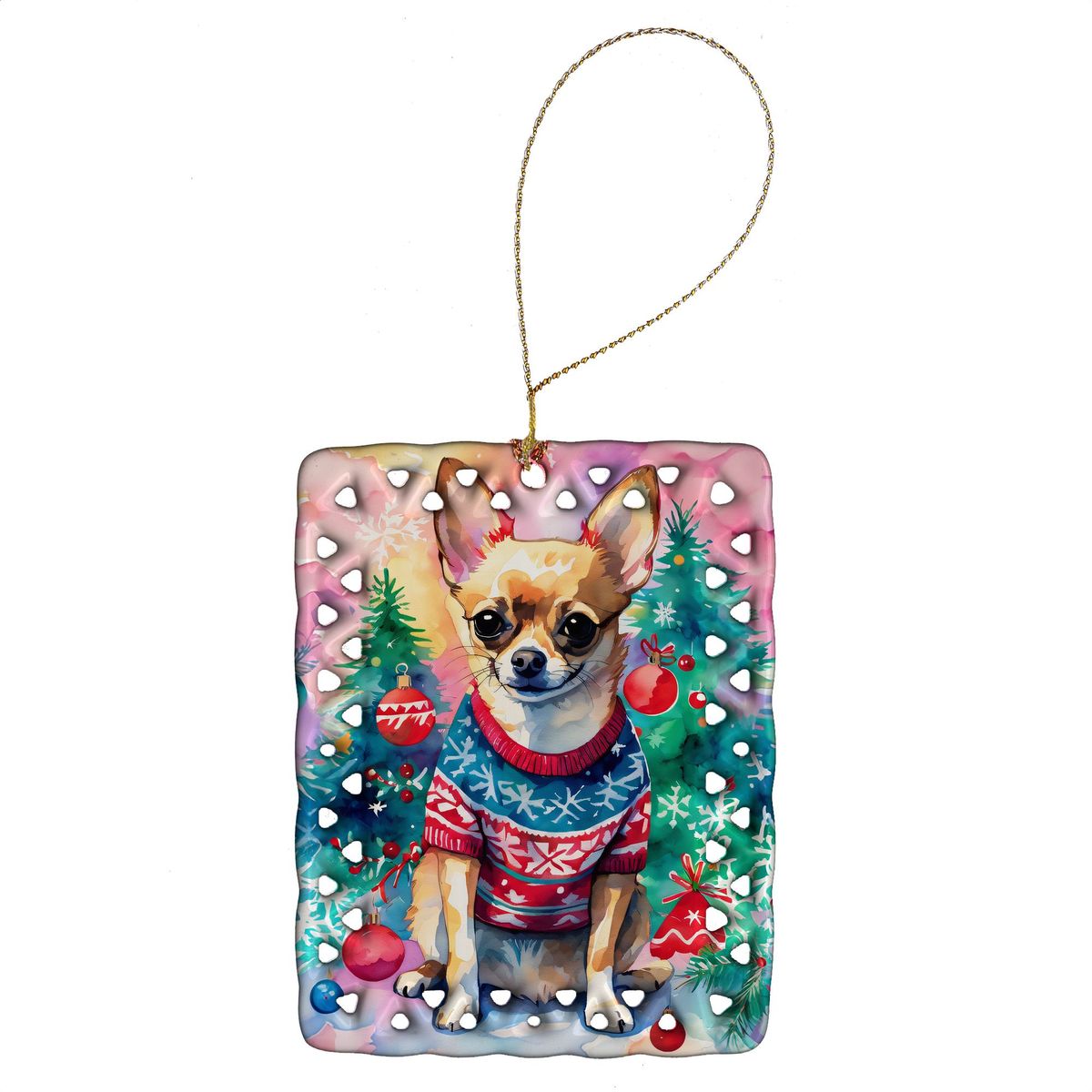 Chihuahua Christmas Porcelain Ornament Christmas Tree Hanging Decorations For Home Christmas Holiday, Rectangle, Gift, Multicolor_maomaolike.com