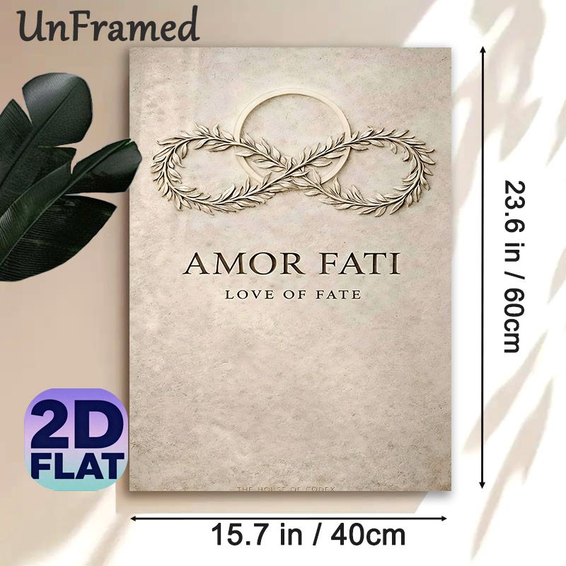 Amor Fati Themed Painting Poster, Vintage Embossed Laurel Wreath & Text Art Poster, Sophisticated Philosophical Wall Decor For Living Room, Study_maomaolike.com