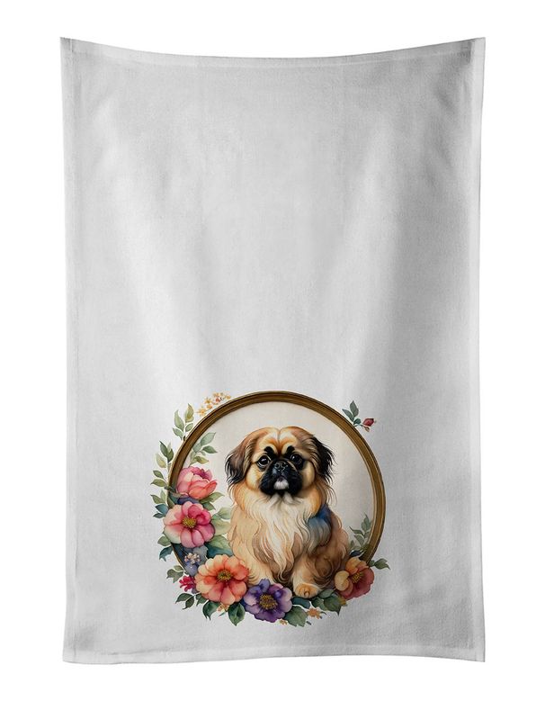 Pekingese And Flowers Kitchen Towel Set Of 2 White Dish Towels Decorative Bathroom Hand Towel For Hand, Face, Hair, Yoga, Tea, Dishcloth, 19 X 28", White_maomaolike.com