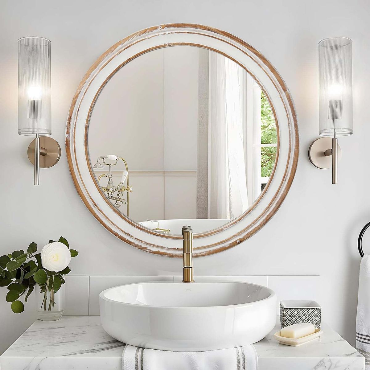 23.62 Inches Round Wall Mirror For Bathroom Vanity, Wooden Farmhouse Circle Mirrors For Bedroom, Entryway, Living Room, Kitchen, Whitewash Edge Decorative Mirror For Home, Office_maomaolike.com