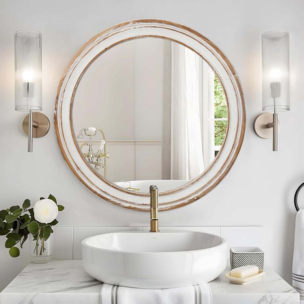 23.62 Inches Round Wall Mirror For Bathroom Vanity, Wooden Farmhouse Circle Mirrors For Bedroom, Entryway, Living Room, Kitchen, Whitewash Edge Decorative Mirror For Home, Office_maomaolike.com