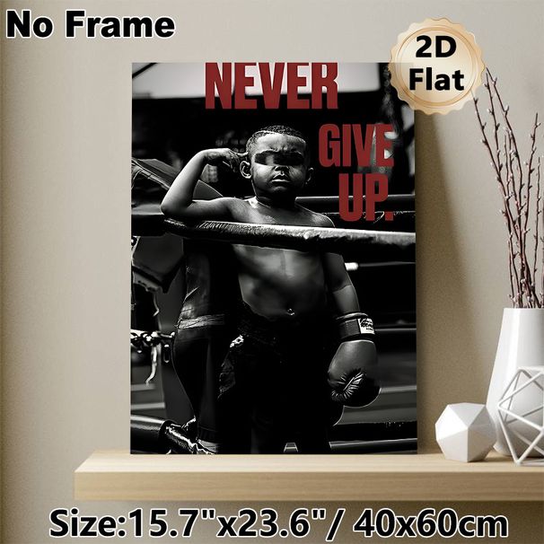 Motivational Boxing Themed Painting Poster, Monochrome Dramatic Boxer In Ring With Bold "Never Give Up" Text Poster, Inspirational Wall Decor Suitable_maomaolike.com